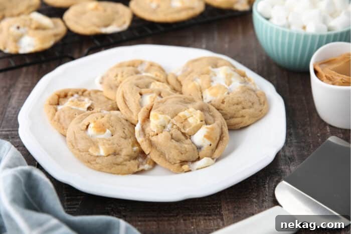Fluffernutter Sandwich Cookies (Recipe + Video) 7 Peanut butter marshmallow cookies on a plate.