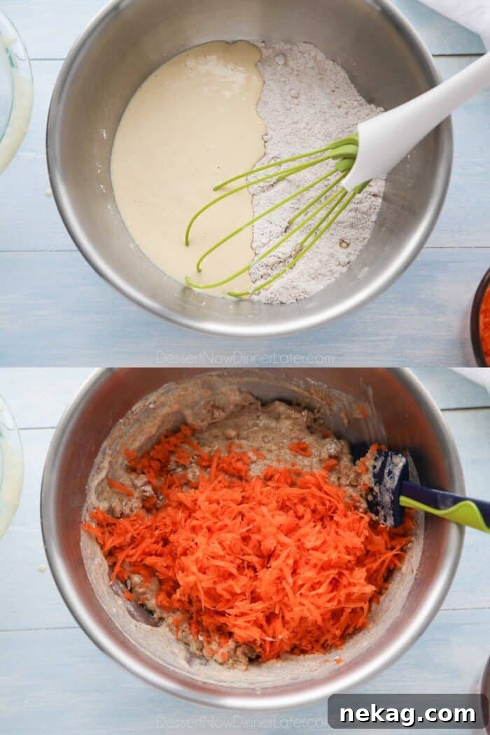 Moist Carrot Cake Cupcakes with Step-by-Step Video Tutorial 7 Adding the bowl of wet ingredients to the dry ingredients. Then adding the shredding carrots to the batter.
