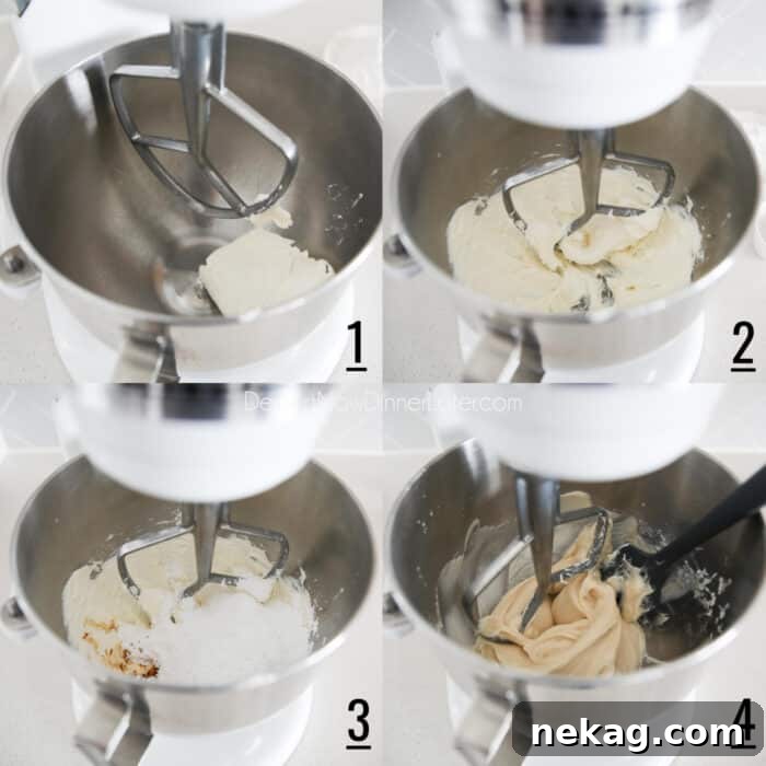 Whipped Cream Cheese Frosting Recipe (Video Tutorial) 7 One Bowl Whipped Cream Cheese Frosting steps 1-4. Four image collage.