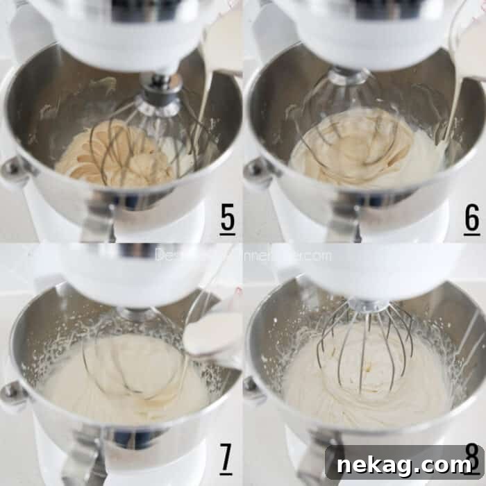 Whipped Cream Cheese Frosting Recipe (Video Tutorial) 8 One Bowl Whipped Cream Cheese Frosting steps 5-8. Four picture collage.