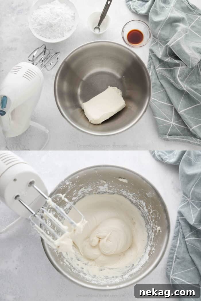 Whipped Cream Cheese Frosting Recipe (Video Tutorial) 10 Collage image for how to make whipped cream cheese frosting.