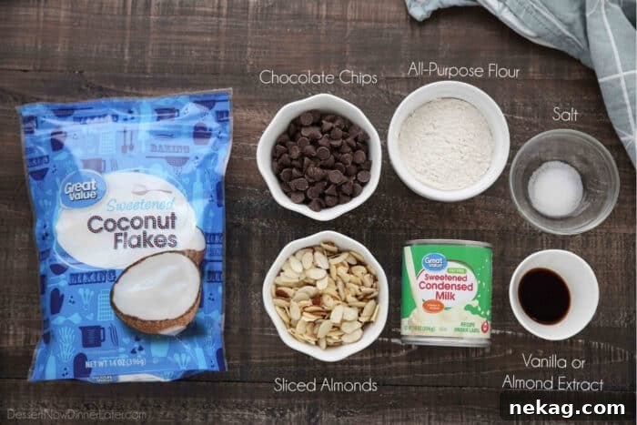 Almond Joy Cookie Recipe with Coconut, Almonds & Chocolate Chips 5 7 ingredients for Almond Joy Cookies: Shredded coconut, chocolate chips, sliced almonds, sweetened condensed milk, all-purpose flour, salt and vanilla or almond extract.
