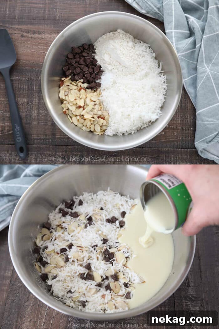 Almond Joy Cookie Recipe with Coconut, Almonds & Chocolate Chips 6 Collage image. How to make almond joy cookies. Top image: Coconut, flour, salt, chocolate chips, and almonds in a bowl. Bottom image: Vanilla added to bowl. Pouring sweetened condensed milk from can into the bowl.