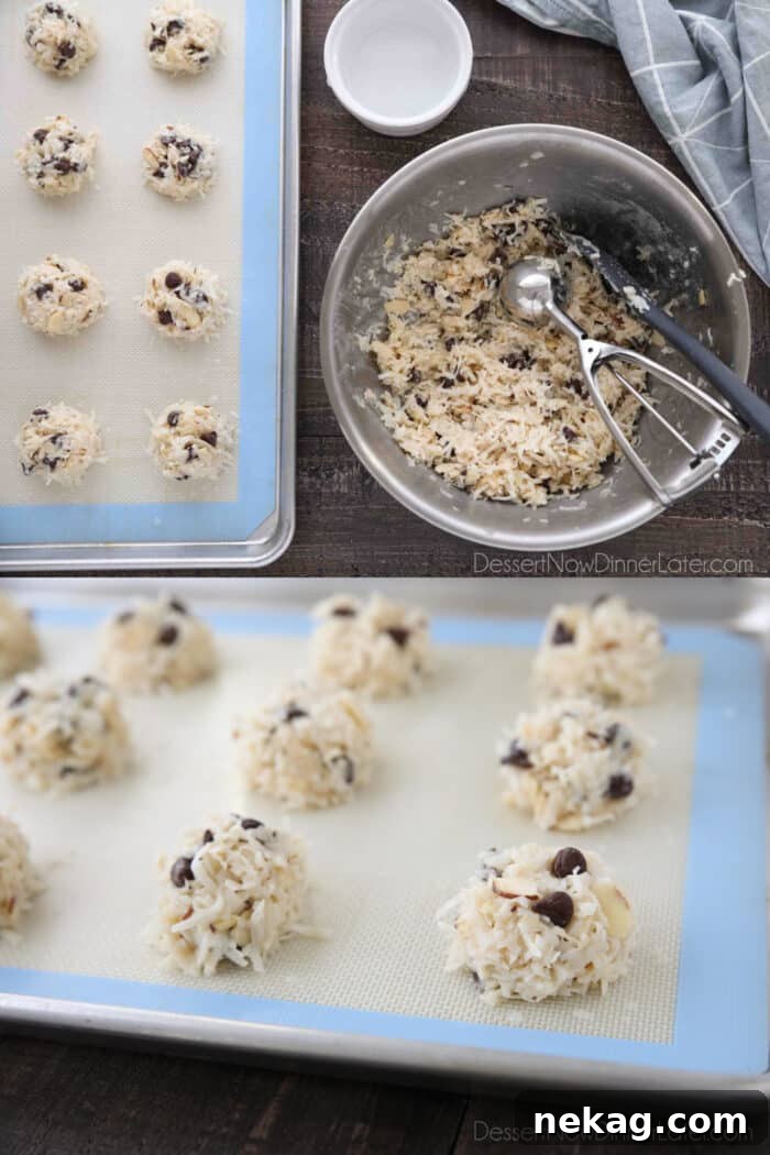 Almond Joy Cookie Recipe with Coconut, Almonds & Chocolate Chips 7 Collage image. How to make Almond Joy Cookies. Top image: Cookie scoop and spatula in bowl of mixed ingredients. Bottom image: Shaped cookies on a sheet tray with a silicone baking mat.