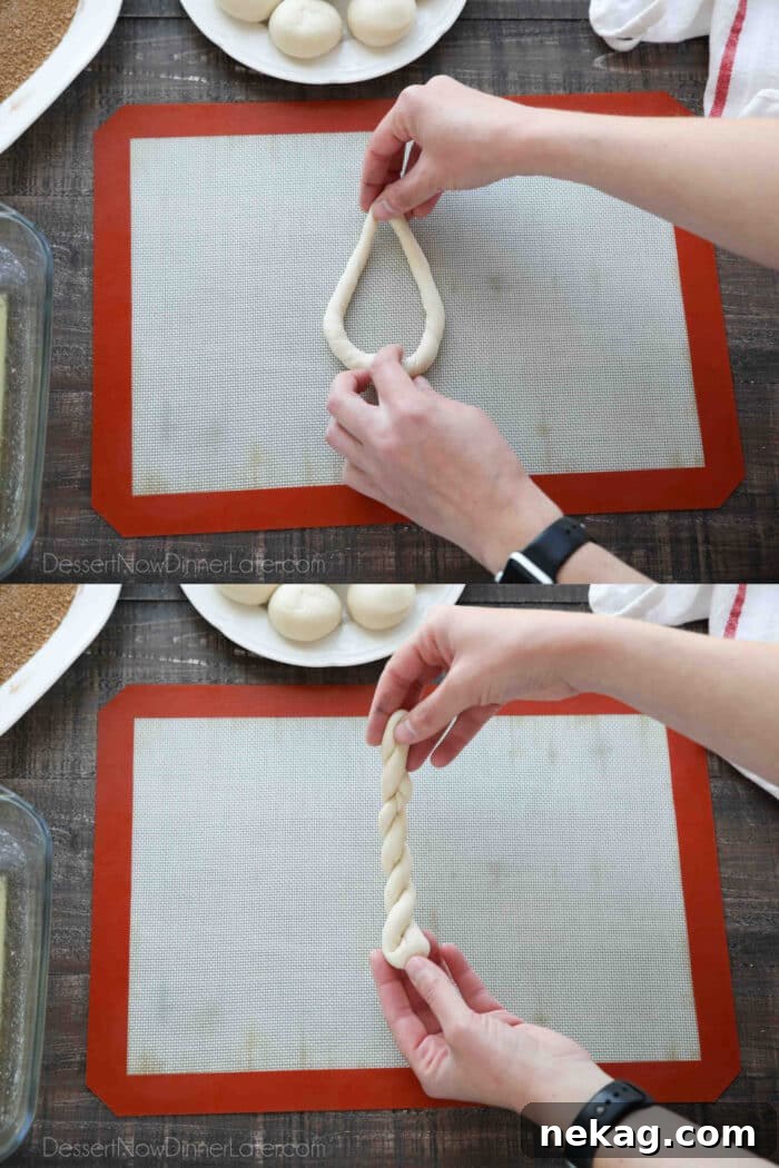 Cinnamon Twists Recipe: Crispy, Flaky Pastry with Sweet Glaze 8 How to make Cinnamon Twists: After rolling the ends of the dough in opposite directions, the ends are pinched together, and the dough is lifted from the surface, automatically twisting.
