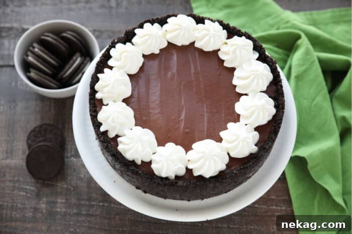 Whole no-bake chocolate cheesecake with an Oreo crust.