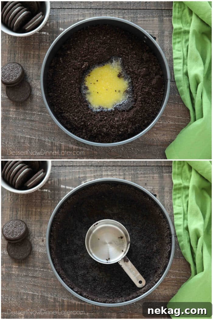 Collage image. Top: Oreo crumbs and melted butter inside a springform pan. Bottom: Measuring cup pressing the Oreo crust to the bottom and sides of the pan.