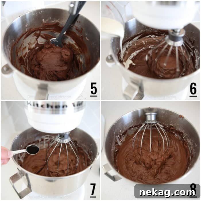 Four image collage. 5- Scraping chocolate cream cheese with a spatula. 6- Whisking in heavy cream. 7- Adding vanilla. 8- No bake chocolate cheesecake filling in bowl with whisk attachment.