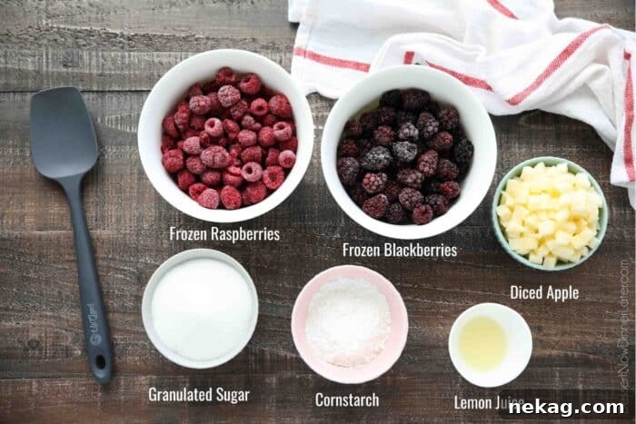 Razzleberry Pie Recipe with Step-by-Step Video Tutorial 7 Ingredients for Razzleberry Pie - frozen raspberries, frozen blackberries, diced apple, granulated sugar, cornstarch, lemon juice.