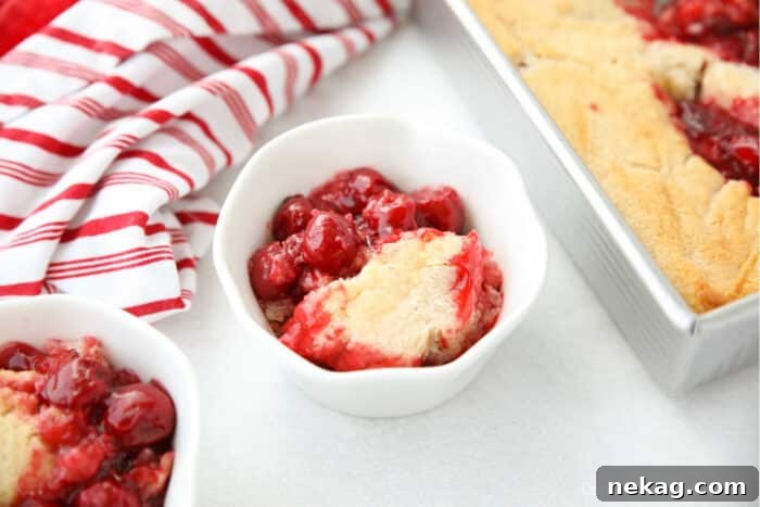 Classic Cherry Cobbler Recipe with Golden Biscuit Topping 11 Close up of cherry cobbler in a small bowl.