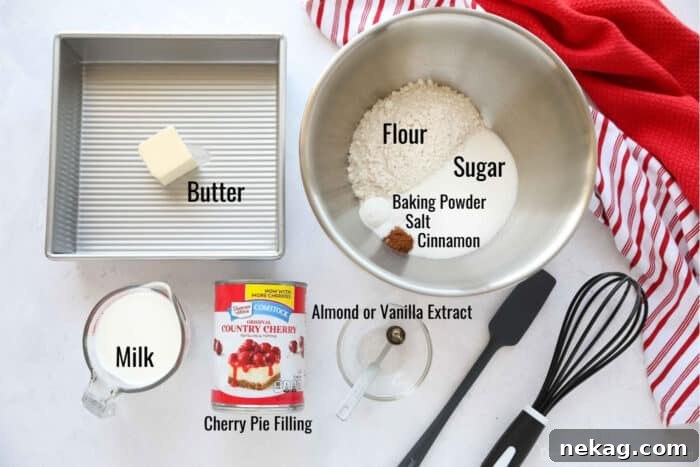 Classic Cherry Cobbler Recipe with Golden Biscuit Topping 6 Ingredients for easy cherry cobbler: Butter, flour, sugar, baking powder, salt, cinnamon, milk, almond or vanilla extract, and cherry pie filling.