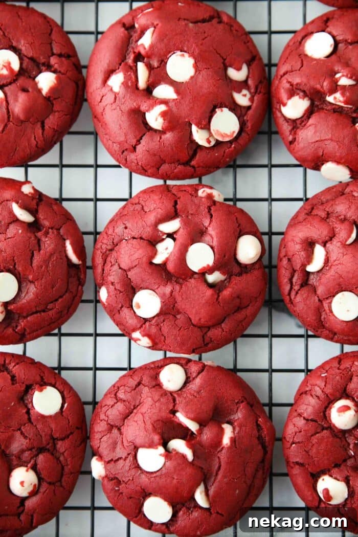 Red Velvet Cake Mix Cookies with white chocolate chips on a wire cooling rack.