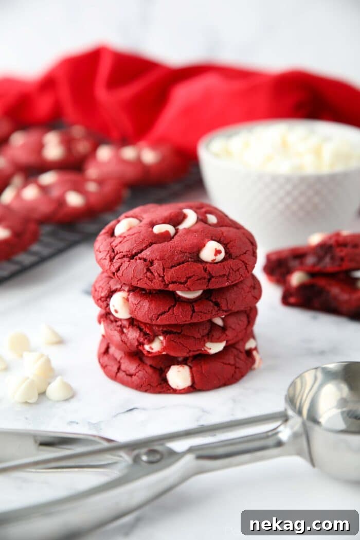 Stack of Red Velvet White Chocolate Chip Cookies.
