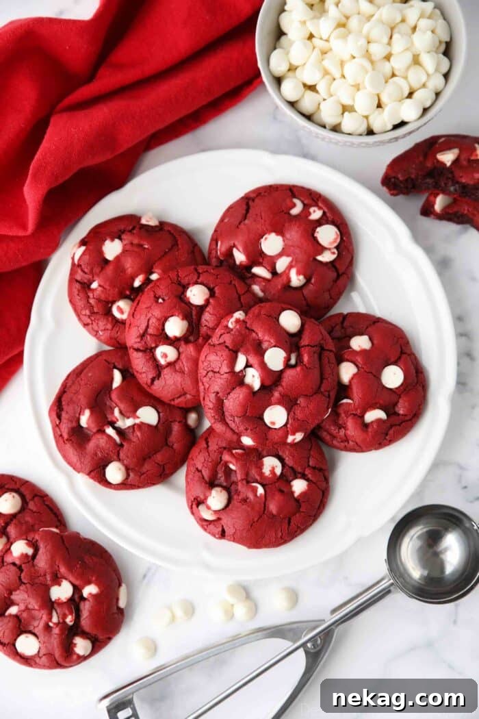 Plate of Red Velvet Cookies made with cake mix and white chocolate chips.