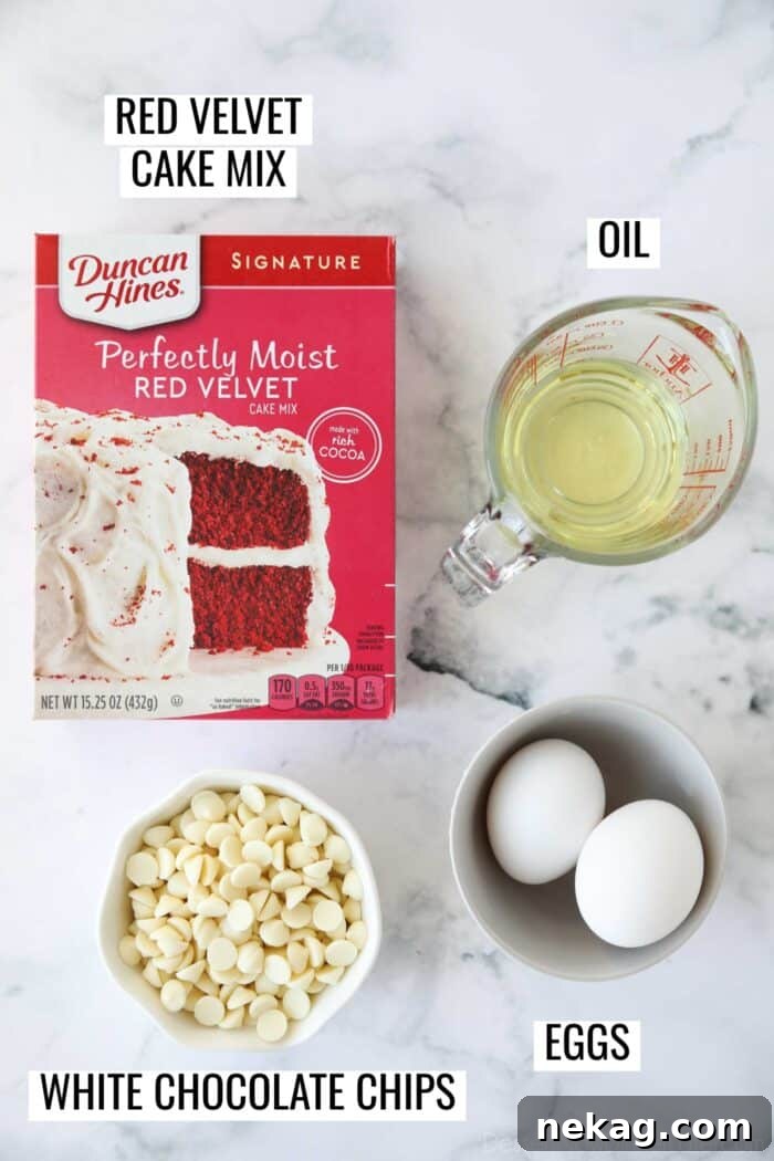 Labeled ingredients to make red velvet cake mix cookies.