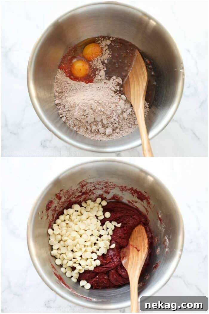 Steps to make white chocolate chip red velvet cake mix cookies.