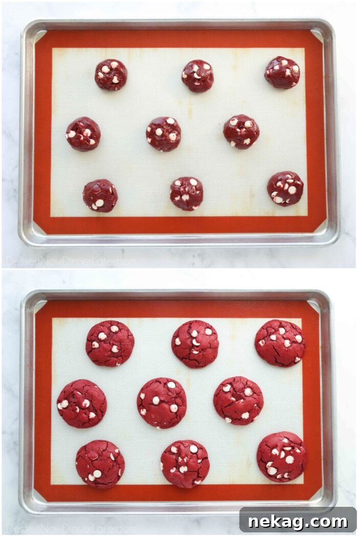 Before and after baking red velvet white chocolate chip cookies.