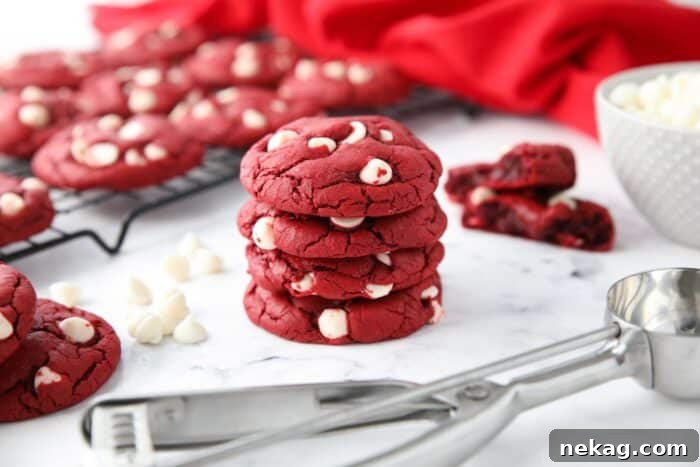 Stack of Red Velvet White Chocolate Chip Cookies.