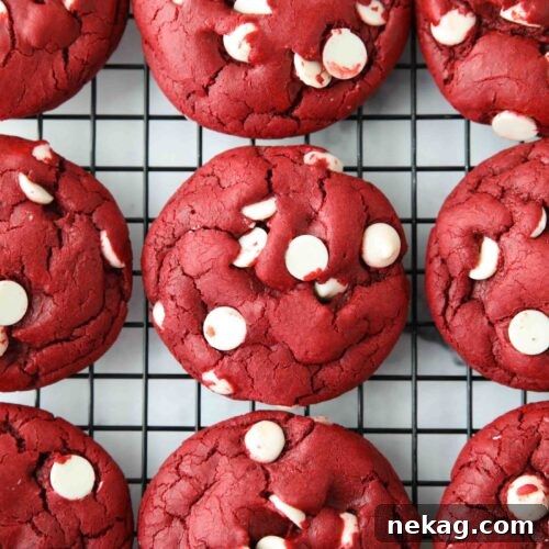 Red Velvet Cake Mix Cookies with white chocolate chips on a wire cooling rack.