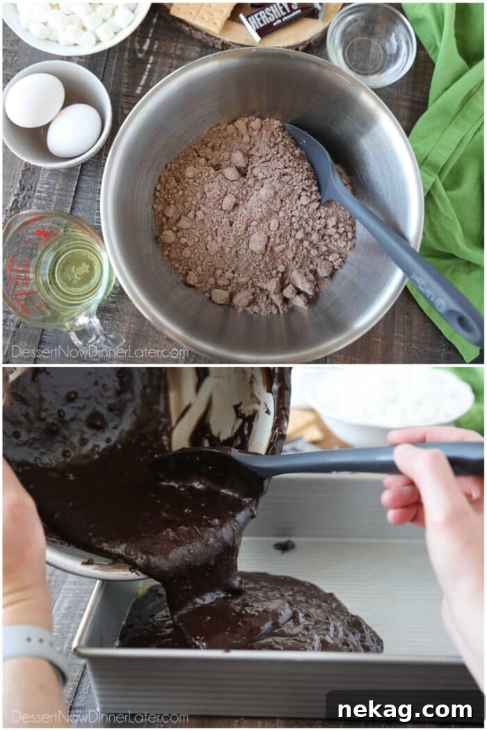 S'mores Brownies Recipe: Gooey Chocolate Graham Bar Squares 6 Two image collage. Top image: Dry brownie mix in a bowl with eggs, water, and oil on the side. Bottom image: Brownie batter being poured into a greased 13x9-inch pan.