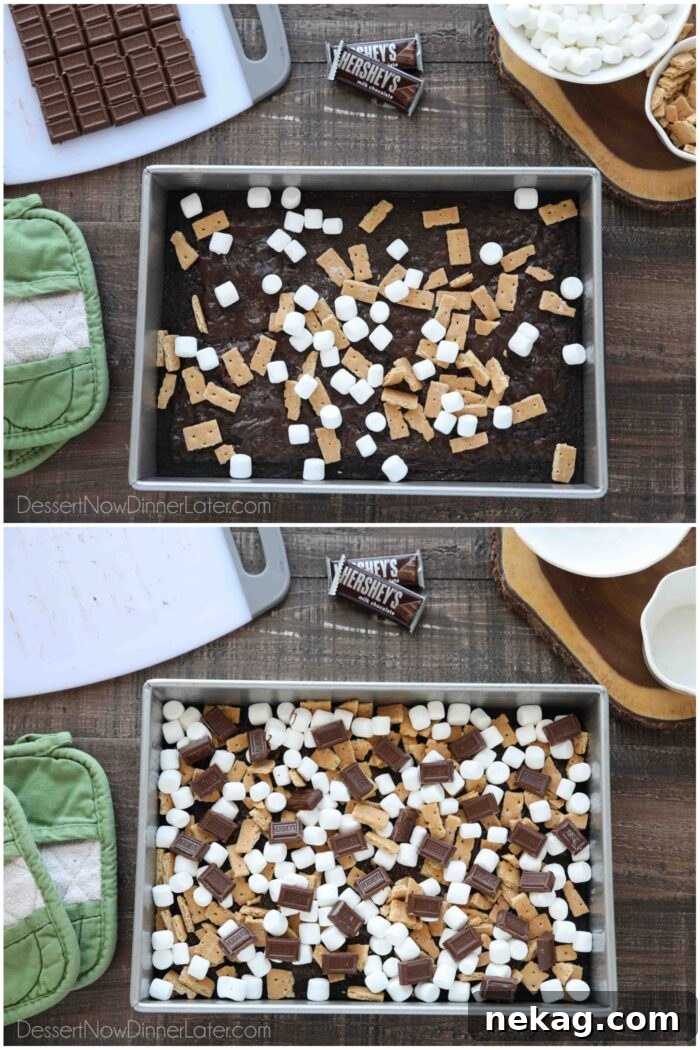 S'mores Brownies Recipe: Gooey Chocolate Graham Bar Squares 7 Two image collage. Top image: Baked brownies with some graham cracker pieces and mini marshmallows. Bottom image: Baked brownies completely covered with marshmallows, graham crackers, and chocolate bar pieces.