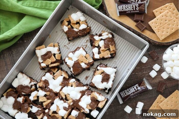 S'mores Brownies Recipe: Gooey Chocolate Graham Bar Squares 8 Pan of gooey smores brownies cut into squares.