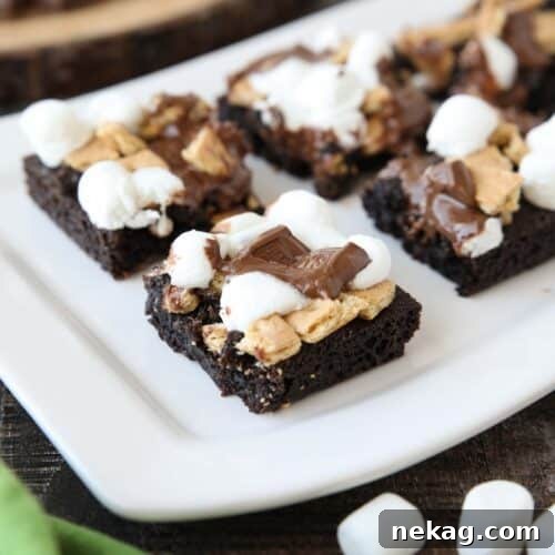 S'mores Brownies Recipe: Gooey Chocolate Graham Bar Squares 10 Close up of S'mores Brownies on a platter.