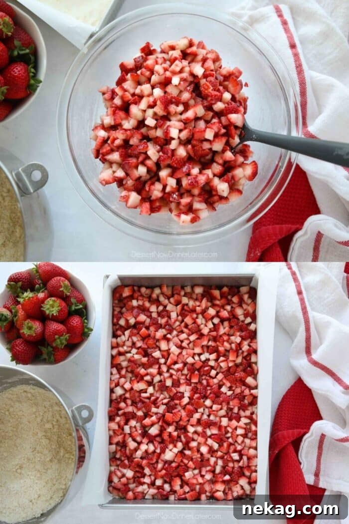 Chewy Strawberry Crumb Bars with Perfect Jam Layer 8 Two image collage. Top image: Diced strawberries coated in sugar, cornstarch and lemon juice. Bottom image: Prepared strawberries spread over crumb crust.