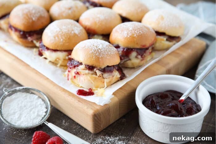 Crispy Monte Cristo Sliders with Ham, Turkey & Melty Cheese 9 Monte Cristo slider sandwiches with raspberry preserves and powdered sugar.