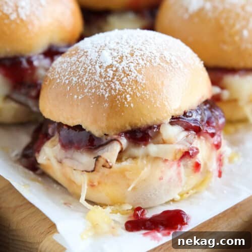 Crispy Monte Cristo Sliders with Ham, Turkey & Melty Cheese 10 Close up of ham, turkey, and Swiss cheese mini sandwiches with raspberry preserves.