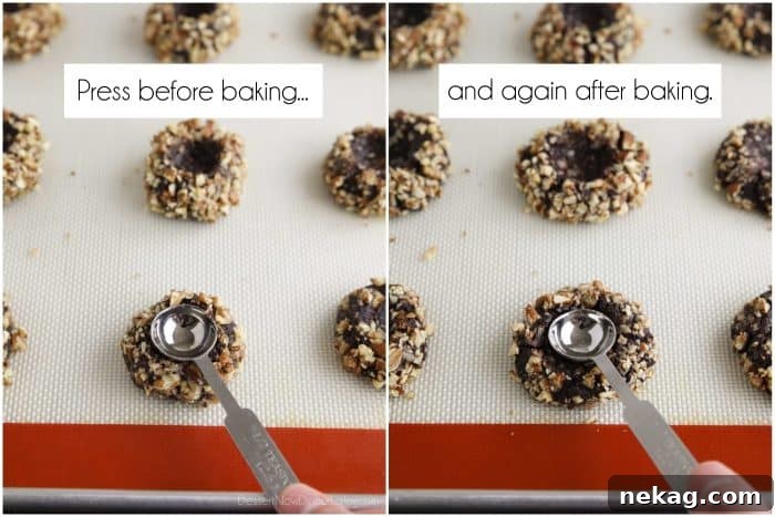Collage image. Cookies pressed with spoon before baking (left). Cookies pressed with spoon after baking (right).