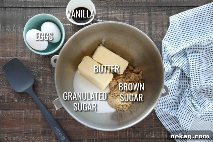 White Chocolate Macadamia Nut Cookie Recipe for Chewy Crispy Cookies 6 Wet Ingredients for White Chocolate Macadamia Nut Cookies: butter, brown sugar, granulated sugar, eggs, and vanilla.
