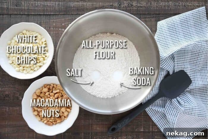 White Chocolate Macadamia Nut Cookie Recipe for Chewy Crispy Cookies 7 Dry Ingredients for White Chocolate Macadamia Nut Cookies: all-purpose flour, salt, baking soda, white chocolate chips, and macadamia nuts.