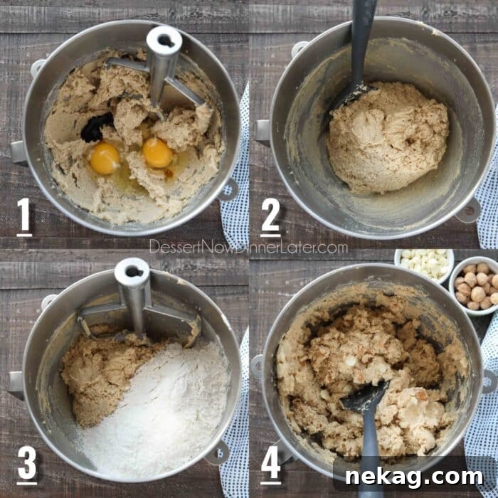 White Chocolate Macadamia Nut Cookie Recipe for Chewy Crispy Cookies 8 Collage Image. How to make White Chocolate Macadamia Nut Cookies. 1. Cream butter with sugars. Add eggs, and vanilla. 2. Mix thoroughly and scrape bowl. 3. Add dry ingredients to bowl. Mix until incorporated. 4. Fold in white chocolate chips and chopped macadamia nuts.