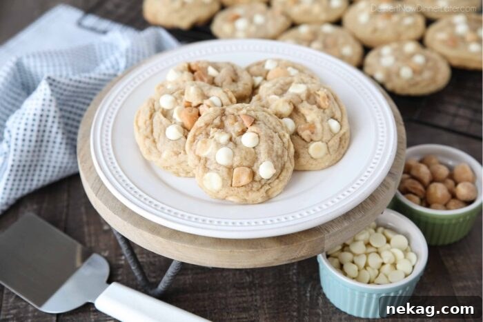 White Chocolate Macadamia Nut Cookie Recipe for Chewy Crispy Cookies 10 Focus on White Chocolate Chip Macadamia Nut Cookies on a plate.