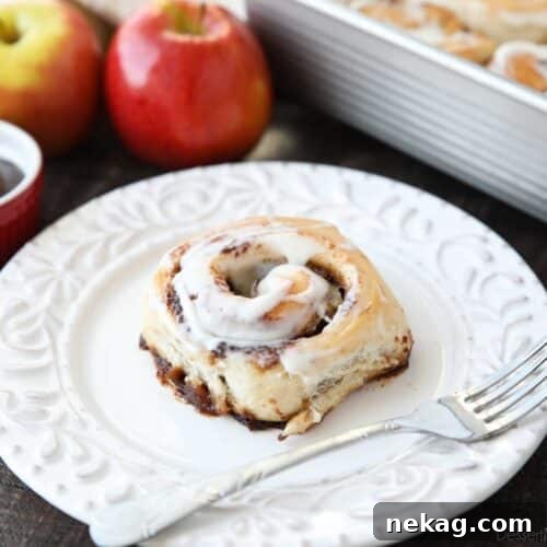 Side view of an apple butter cinnamon roll on a plate.
