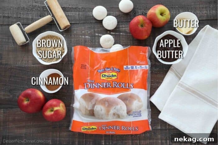 Ingredients for Apple Butter Cinnamon Rolls: Rhodes Yeast Dinner Rolls, Butter, Apple Butter, Brown Sugar, and Cinnamon.