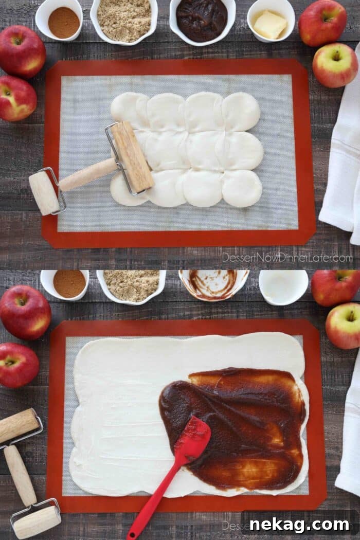 Collage image for how to make apple butter cinnamon rolls: Thaw Rhodes Rolls. Use a rolling pin to roll dough into a large rectangle. Spread a thin layer of softened butter over all but 2-inches. Repeat with apple butter on top of the butter layer.