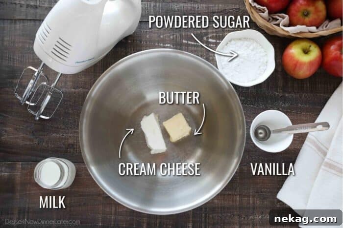Ingredients for Cream Cheese Glaze: Cream Cheese, Butter, Powdered Sugar, Vanilla, and Milk.