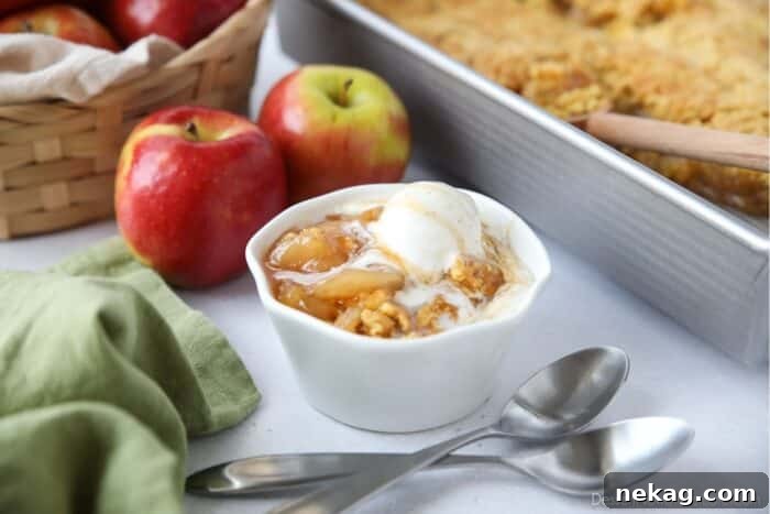 Close up side view of bowl full of caramel apple dump cake and vanilla ice cream.