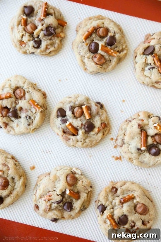 Caramel Pretzel Chocolate Chip Cookies are loaded with pretzels, caramel bits, and chocolate chips, for a salty-sweet cookie treat.