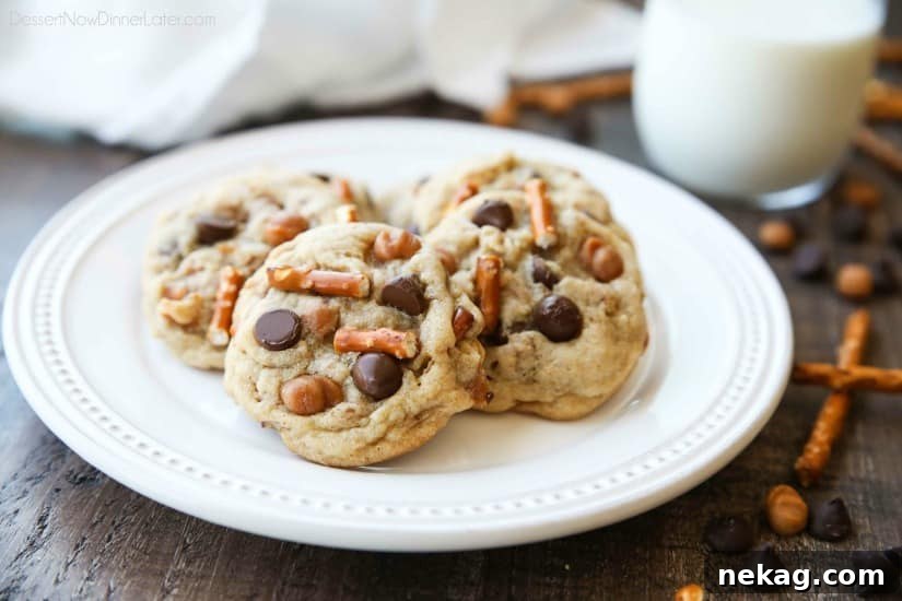 Caramel Pretzel Chocolate Chip Cookies are loaded with pretzels, caramel bits, and chocolate chips, for a salty-sweet cookie treat.