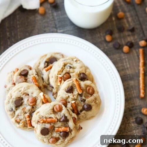Caramel Pretzel Chocolate Chip Cookies are loaded with pretzels, caramel bits, and chocolate chips, for a salty-sweet cookie treat.