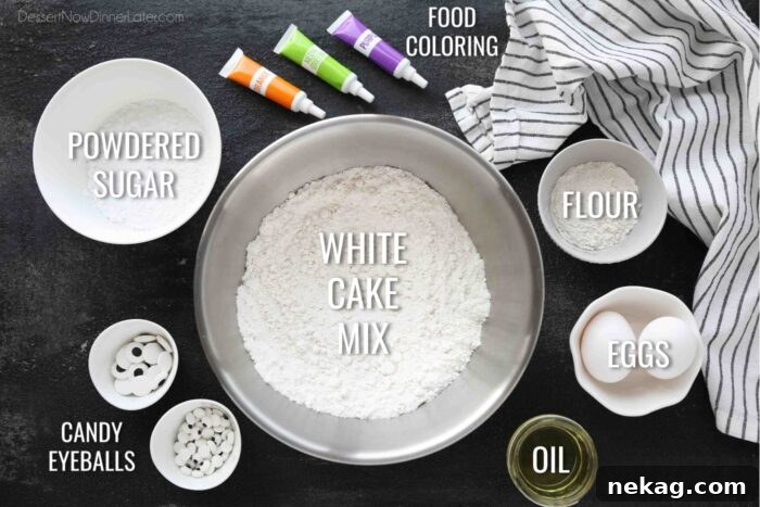 Ingredients for Halloween Monster Cookies: white cake mix, flour, eggs, oil, food coloring, powdered sugar, and candy eyeballs.