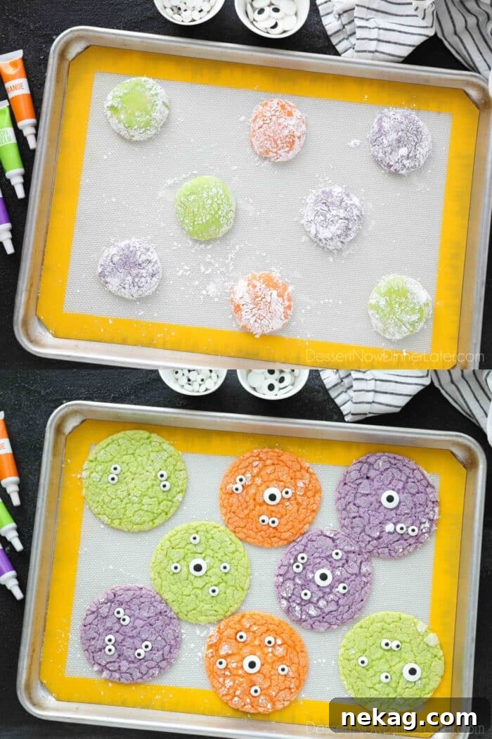 Collage image. Neon green, purple, and orange cookie dough coated in powdered sugar on a baking sheet. Then baked cookies that have been topped with candy eyeballs.