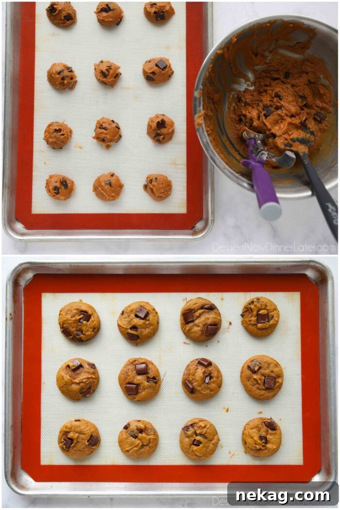 Pumpkin Chocolate Chunk Cookies Recipe — Soft, Chewy Fall Treat 7 Scooping and baking pumpkin chocolate chunk cookies.