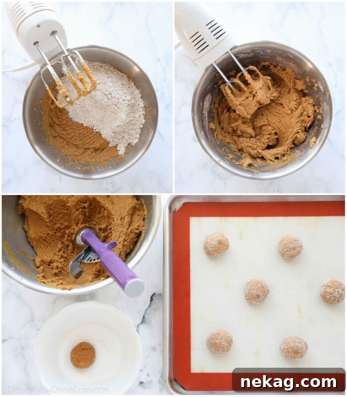 Chewy Pumpkin Gingersnap Cookies with Warm Spices 6 Mixing cookie dough. Scooping cookies and rolling in sugar.