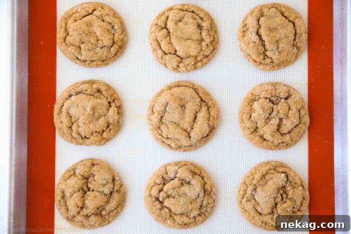 Chewy Pumpkin Gingersnap Cookies with Warm Spices 7 Baked pumpkin gingersnap cookies on a silicone baking mat.