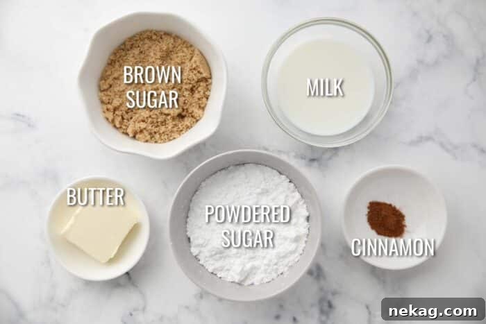 Labeled image of ingredients to make cinnamon brown sugar glaze.