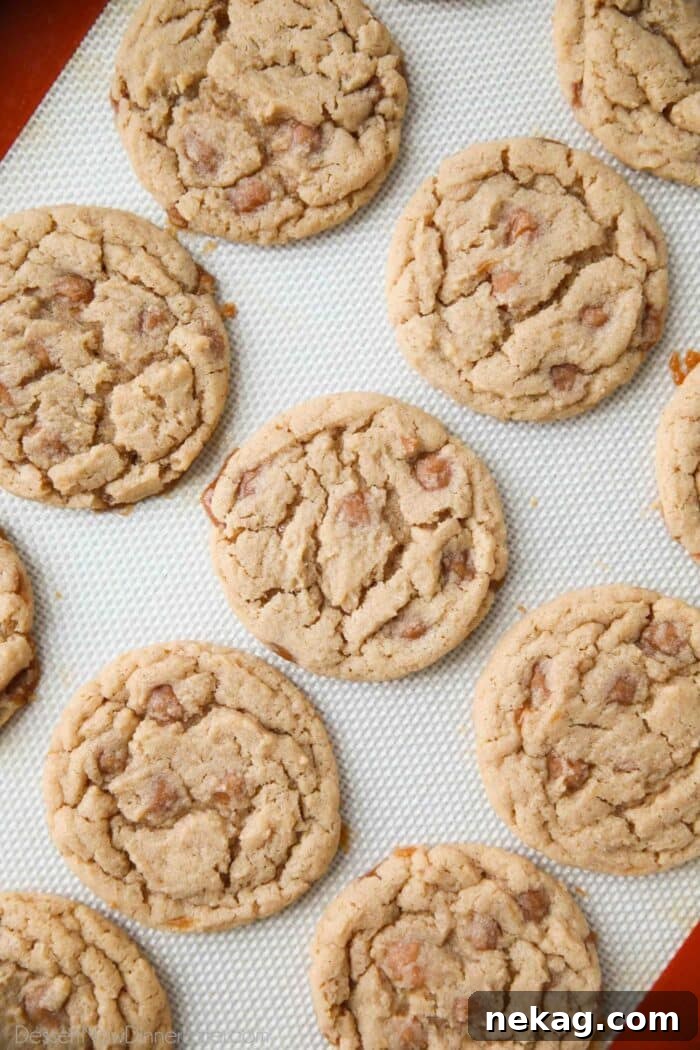 Caramel Apple Cider Cookies Recipe for Cozy Fall Baking 4 Apple cider cookies with caramel bits on a silicone lined sheet tray.